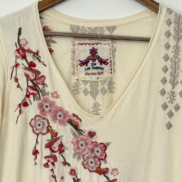 Johnny Was JW Los Angeles Tunic Shirt Womens XS Ivory Embroidered V Neck Boho - Picture 4 of 9